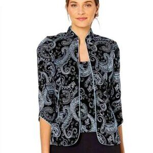 Alex Evenings Tank Top Jacket Twinset Size 3X Black Paisley Mandarin Collar